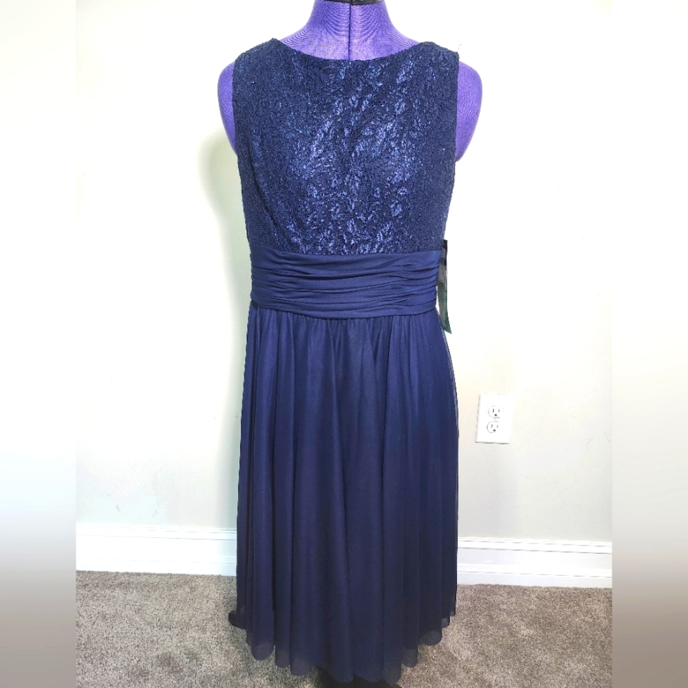 JH Evening Navy Blue Lace Bodice Chiffon A-Line Skirt Formal Midi Dress S 10 NWT